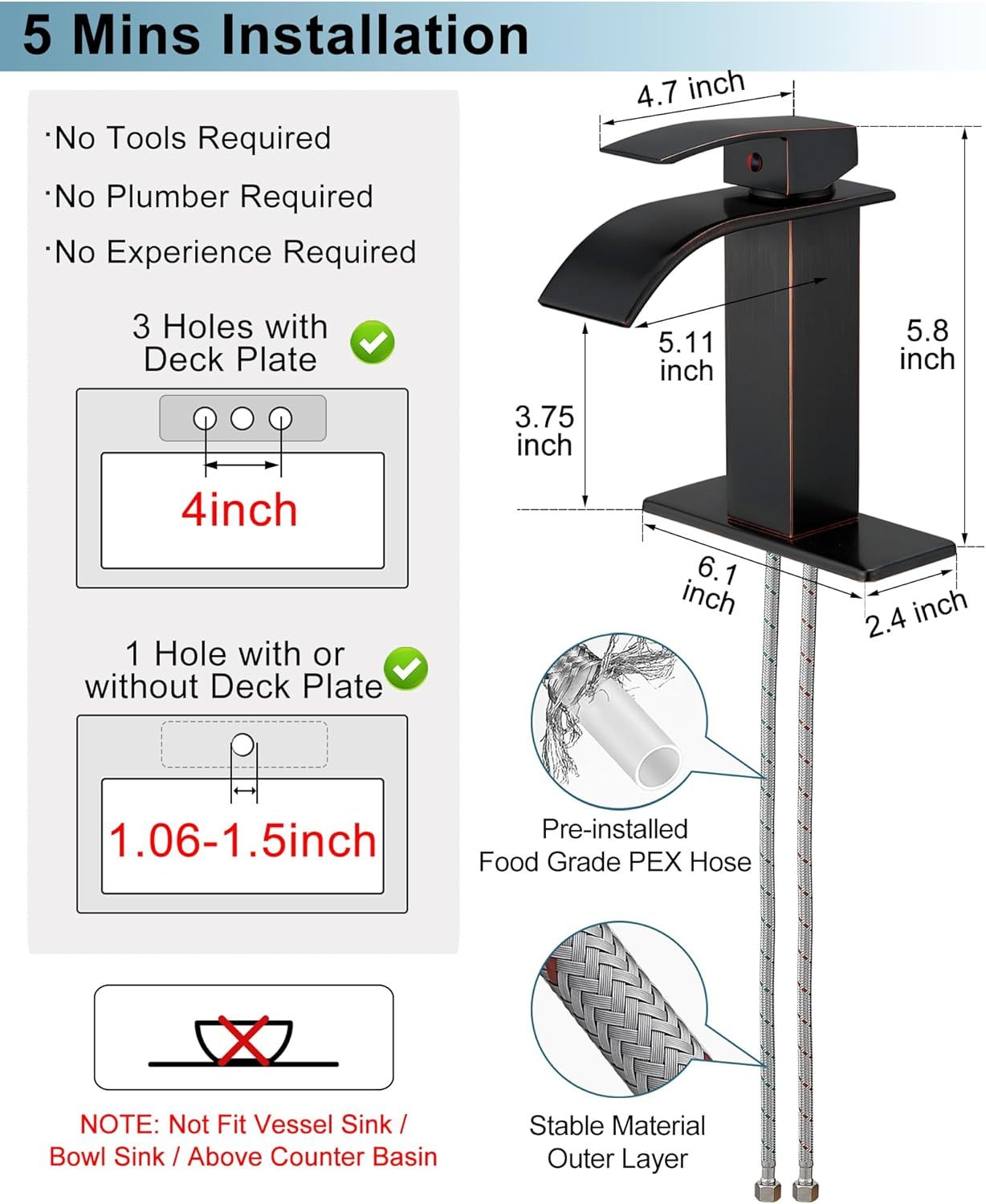 Waterfall Bathroom Faucet, 4 Ins Bathroom Faucets One Hole or 3 Hole, Single Handle with Deck Plate, Pop-up Drain & Water Hose