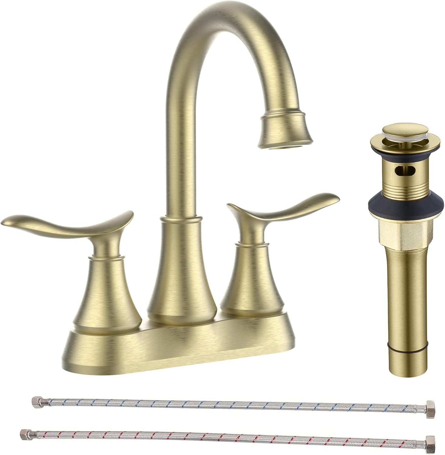Bathroom Faucet Brushed Gold with Pop-up Drain & Supply Hoses 2-Handle 360 Degree High Arc Swivel Spout Centerset 4 Inch Vanity Sink Faucet