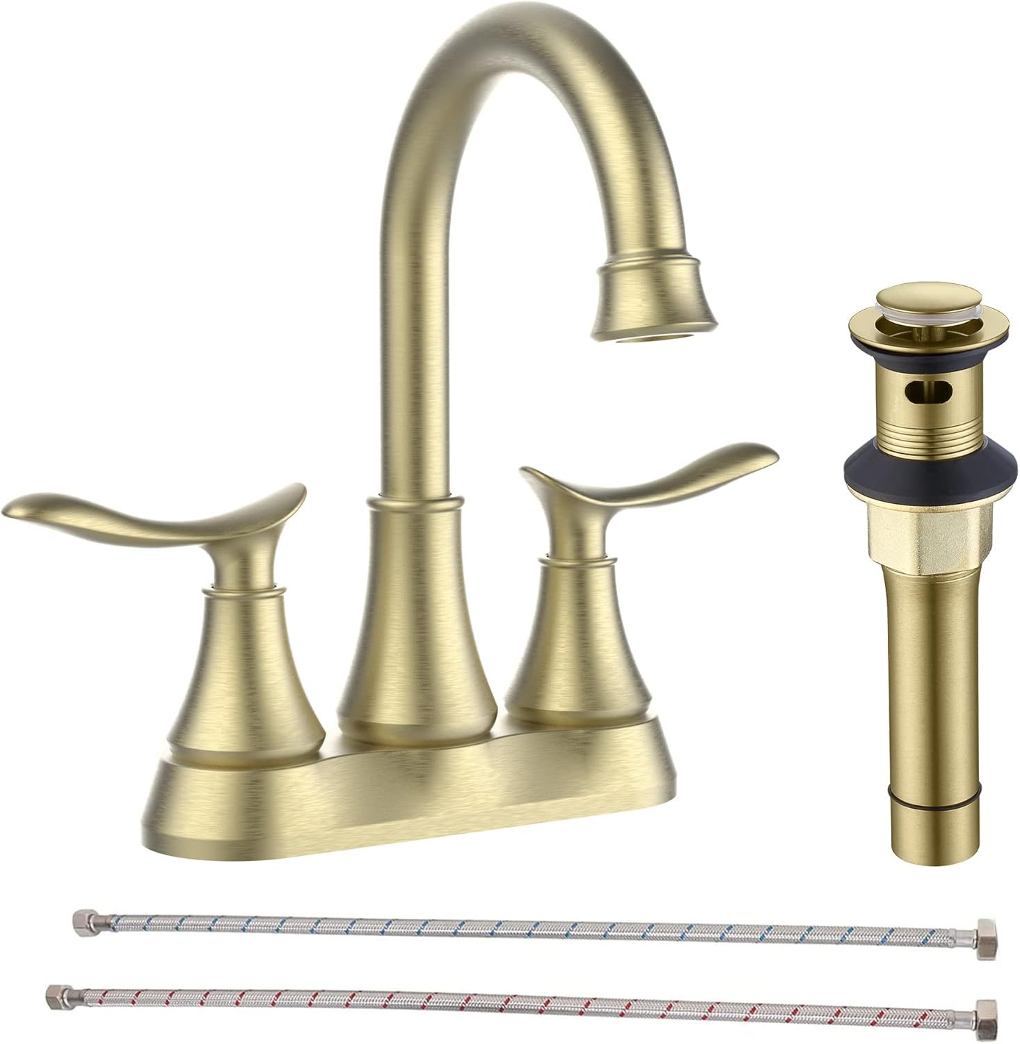 Bathroom Faucet Brushed Gold with Pop-up Drain & Supply Hoses 2-Handle 360 Degree High Arc Swivel Spout Centerset 4 Inch Vanity Sink Faucet