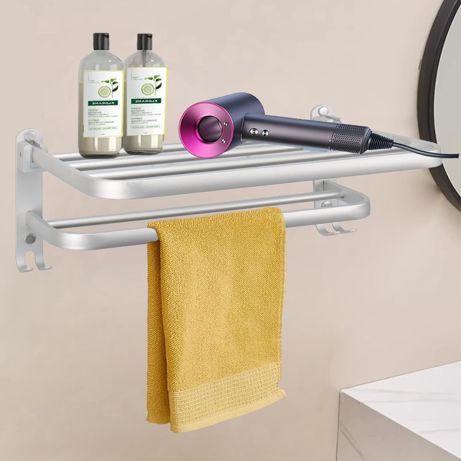 Bath Towel Holder with Double Towel Bar and Fold-able Towel Shelf, Rustproof Towel Organizer Wall Mounted Towel Storage Hanger