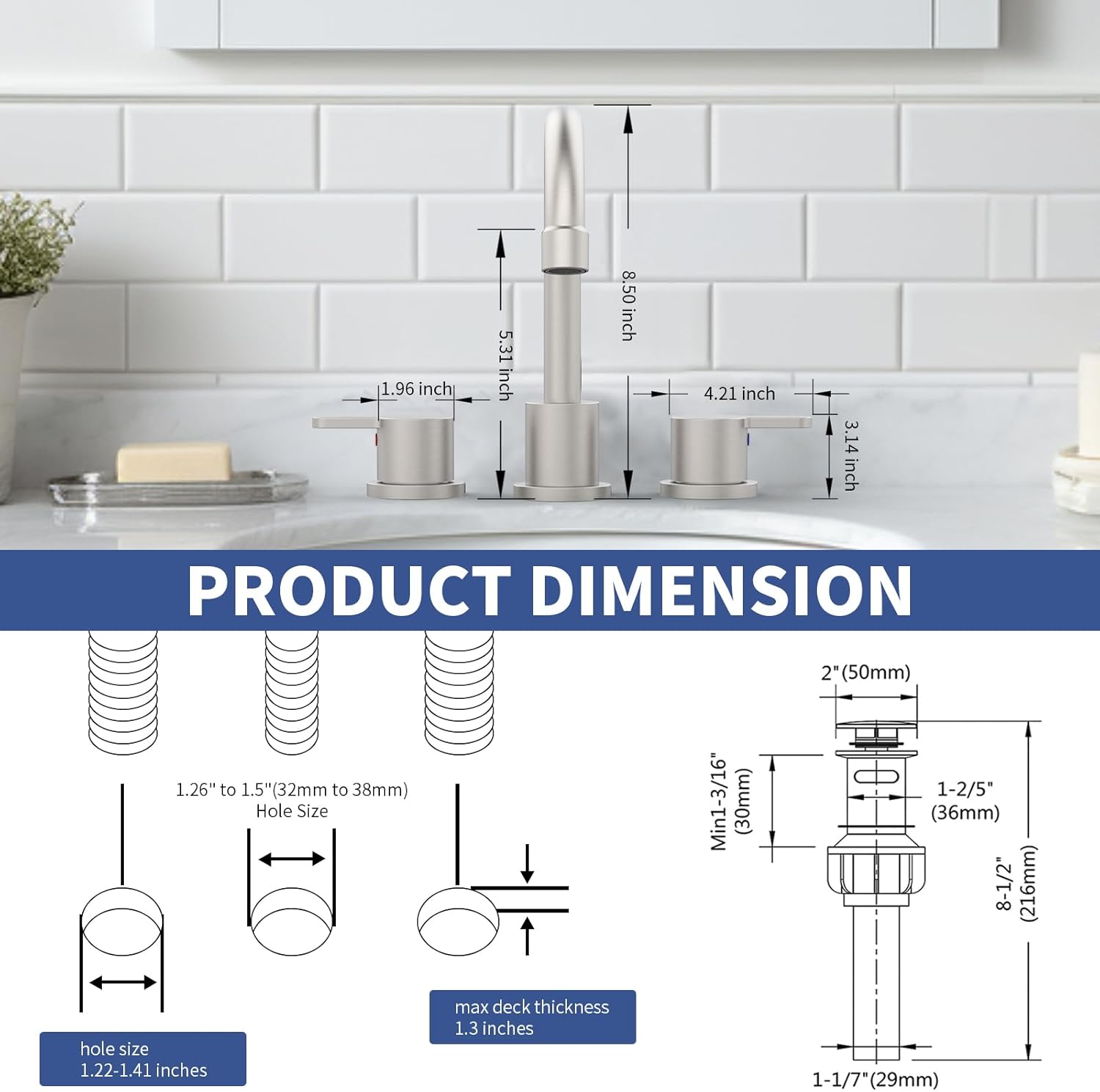 Widespread Bathroom Sink Faucet Brushed Nickel 2 Handle 8 inch Lavatory Faucet 3 Hole 360° Swivel Spout Vanity Sink Basin Faucet