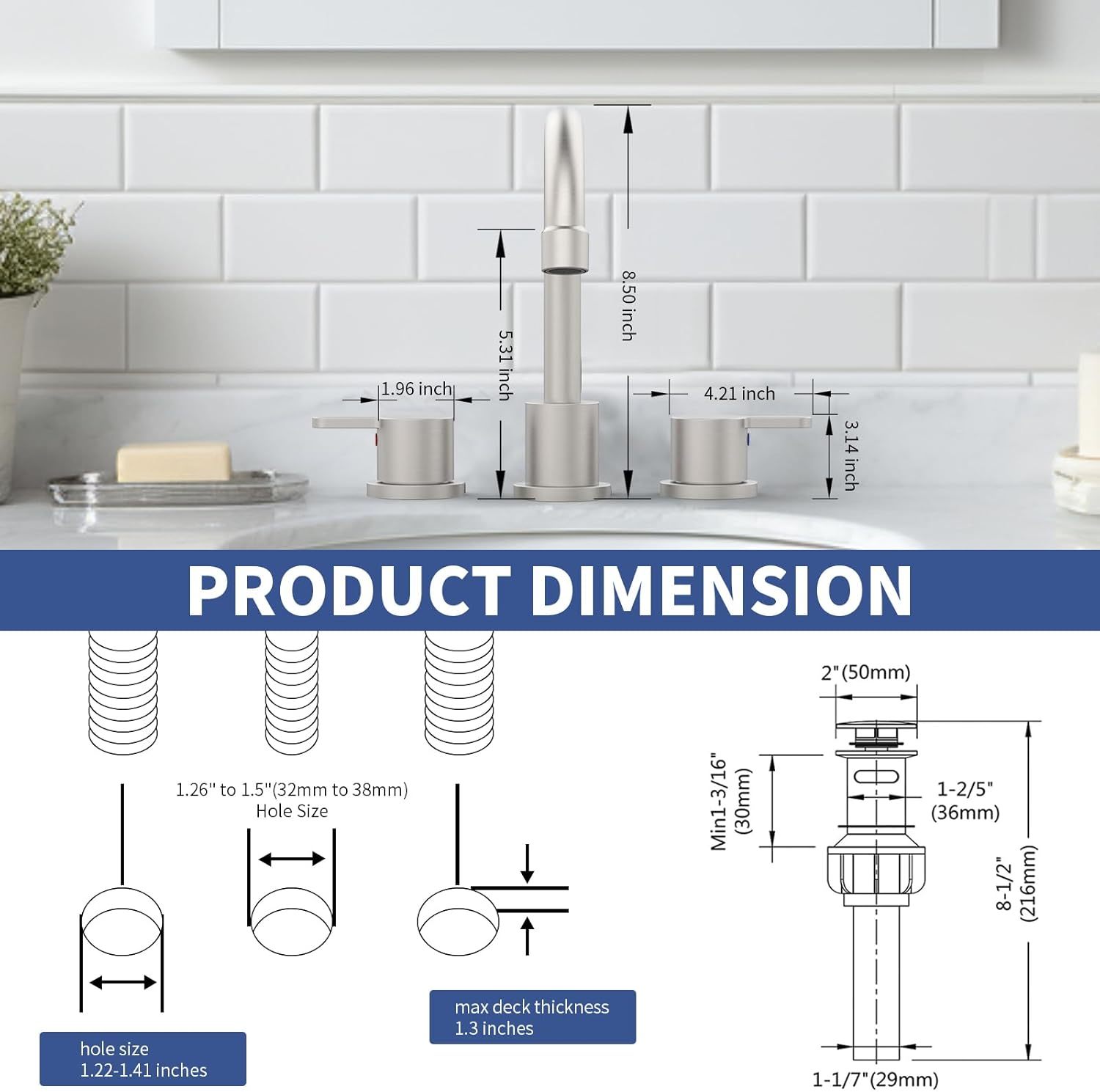 Widespread Bathroom Sink Faucet Brushed Nickel 2 Handle 8 inch Lavatory Faucet 3 Hole 360° Swivel Spout Vanity Sink Basin Faucet