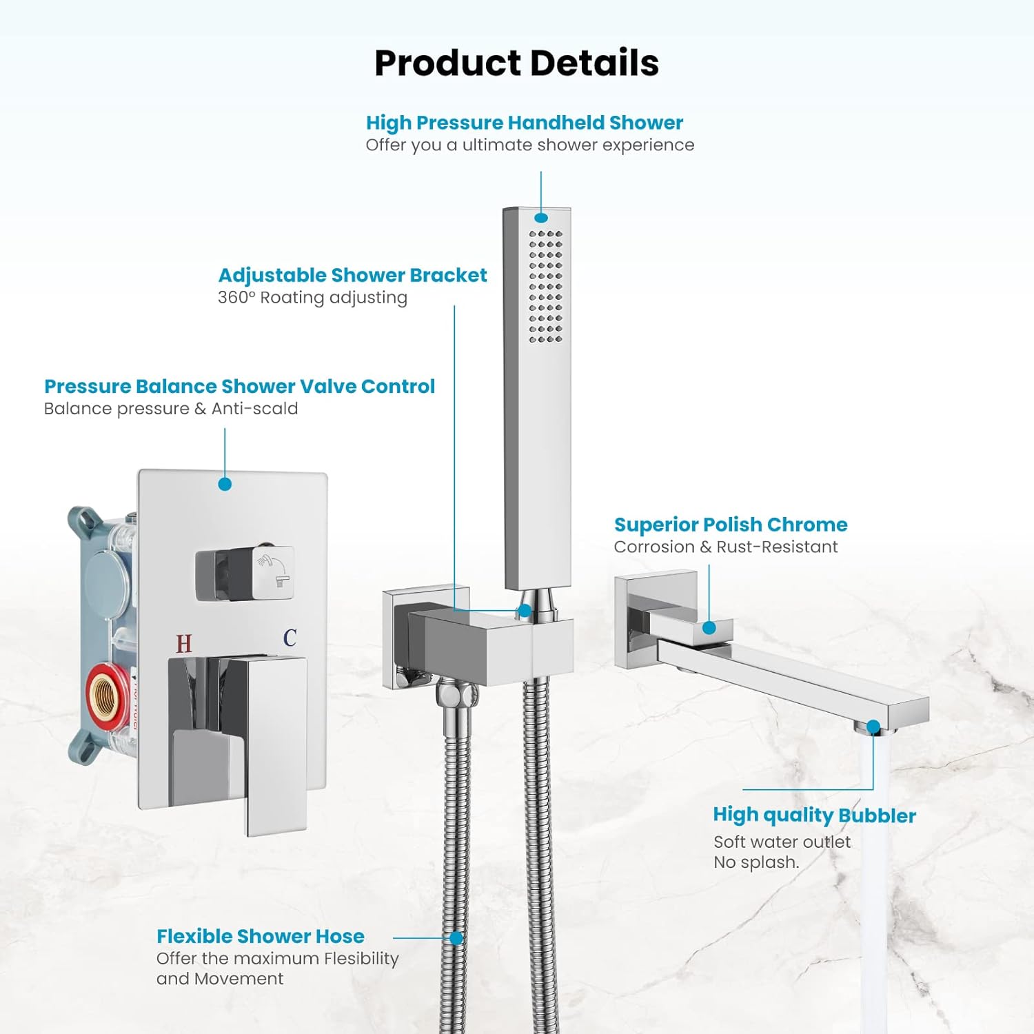 Wall Mount Chrome Polished Bathtub Faucet with Hand Held Sprayer and Swivel Tub Filler