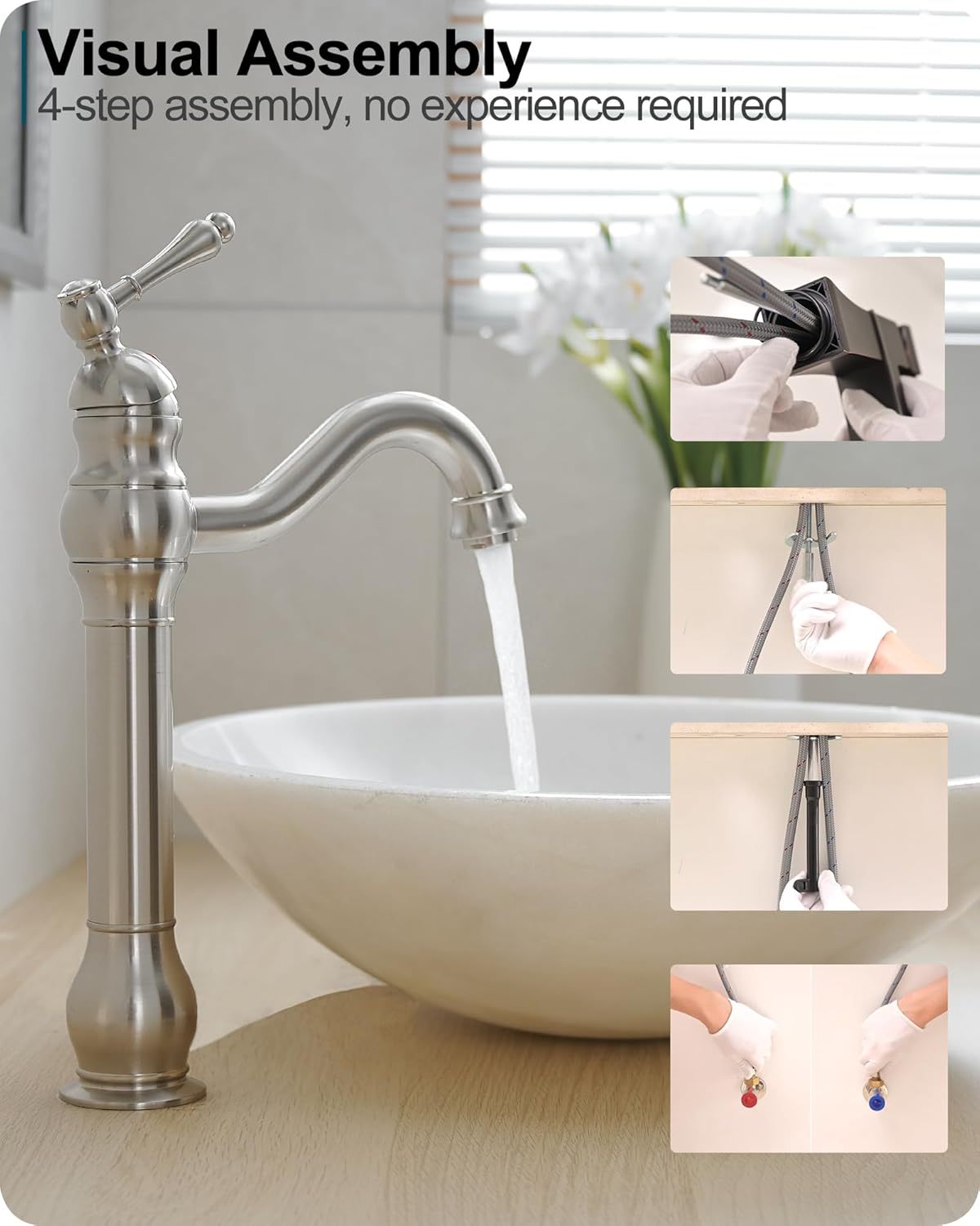 Single Handle Bathroom Faucet Brushed Nickel, Brass Vessel Sink Faucet 360 Degree Swivel Tall Bathroom Sink Faucet 1 Hole, Bathroom Faucets with Pop-up Drain & Aerator for Hotels