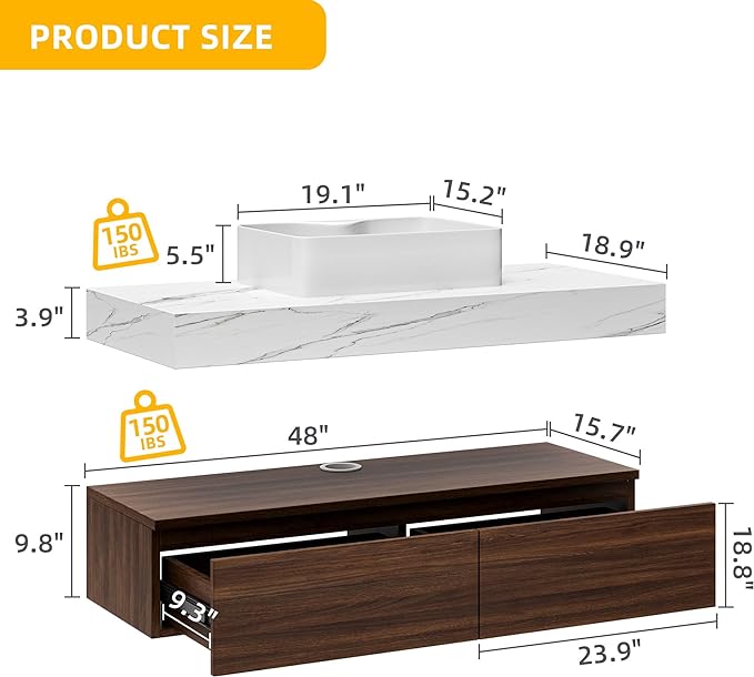Bathroom Vanity with Sink 48 Inch Floating Vanity Bathroom Wall Mounted
