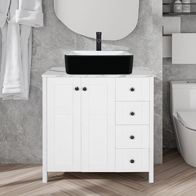 32-Inch Traditional Bathroom Vanity Set in White Finish, Single Bathroom Vanity with Marble Texture Top