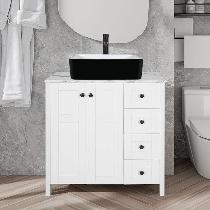 32-Inch Traditional Bathroom Vanity Set in White Finish, Single Bathroom Vanity with Marble Texture Top
