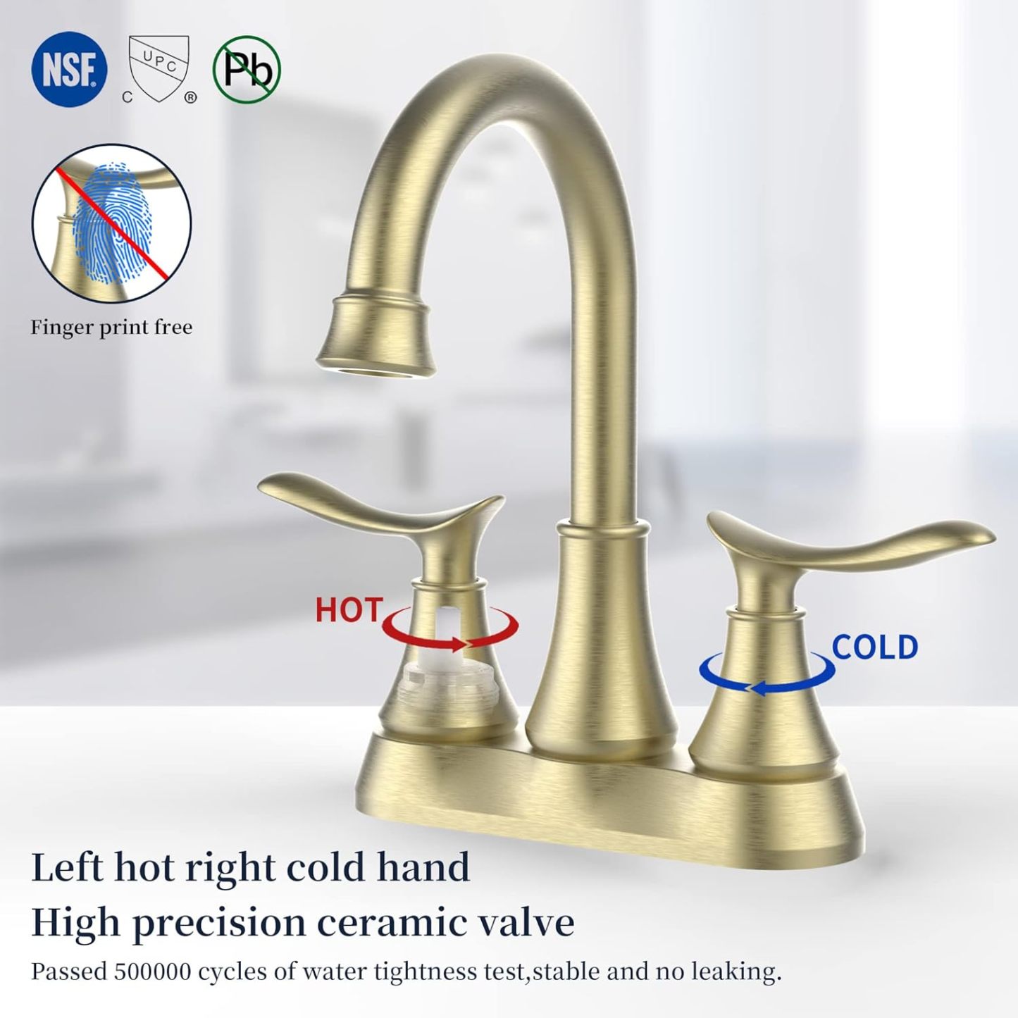 Bathroom Faucet Brushed Gold with Pop-up Drain & Supply Hoses 2-Handle 360 Degree High Arc Swivel Spout Centerset 4 Inch Vanity Sink Faucet