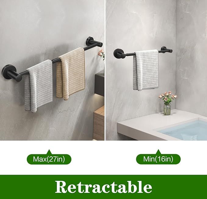 27in Single Towel Bar Set, Retractable 27in Single Towel Bar with Toilet Paper Holders