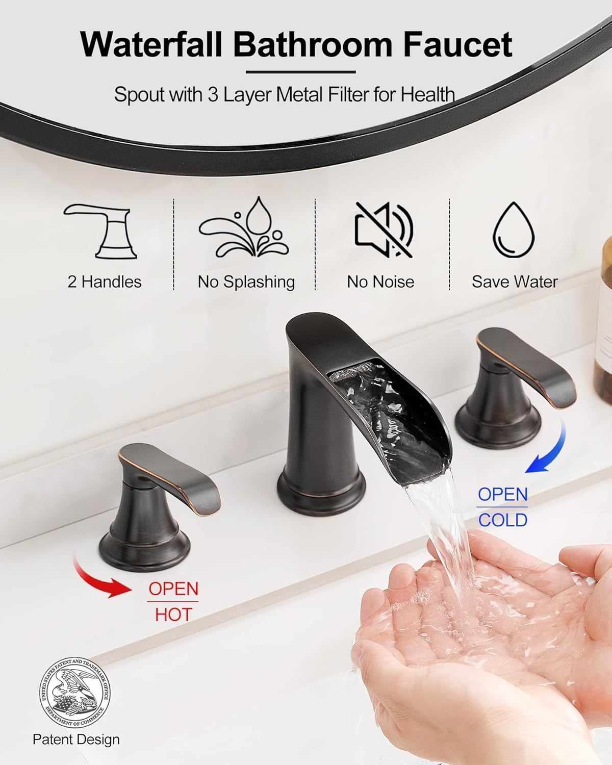 Bathroom Sink Faucet, 8 Inch Widespread, 2 Handles, 3 Hole, Waterfall Design, Ceramic Valve Core