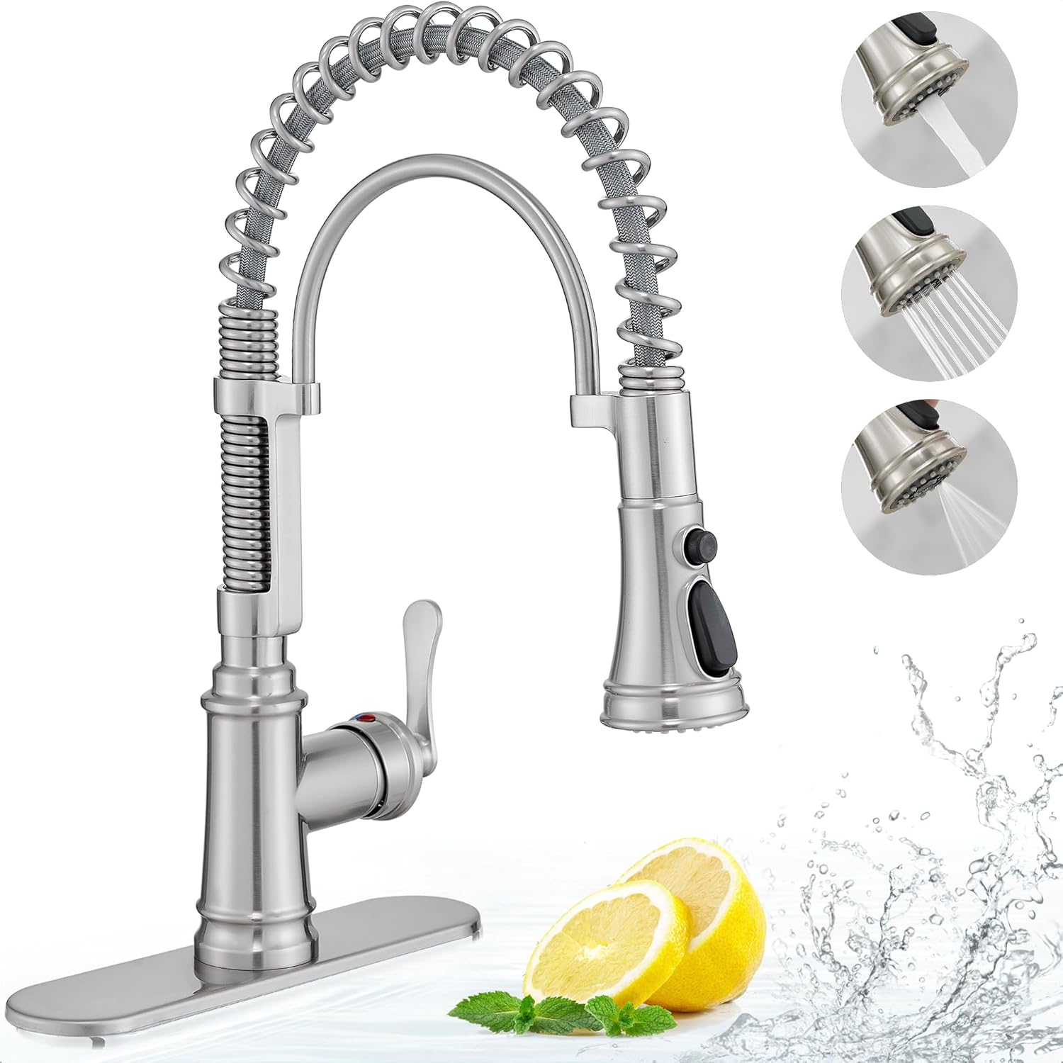 3 Modes Bronze Kitchen Faucet with Pull Down Sprayer, Single Hole Kitchen Sink Faucet 3 Hole, Stainless Steel High Arc Spring Style