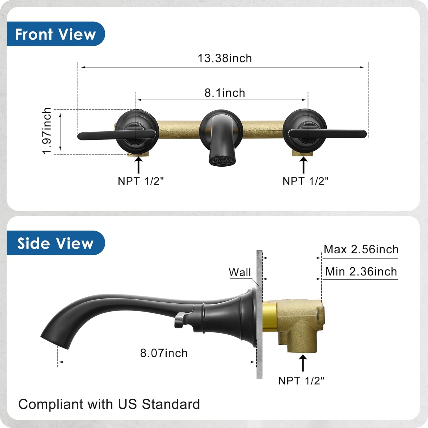 Tub Filler Wall Mount 3 Hole, Tub Faucet, High Pressure 2 Handle Bathtub Faucet Set with Long Spout Reach
