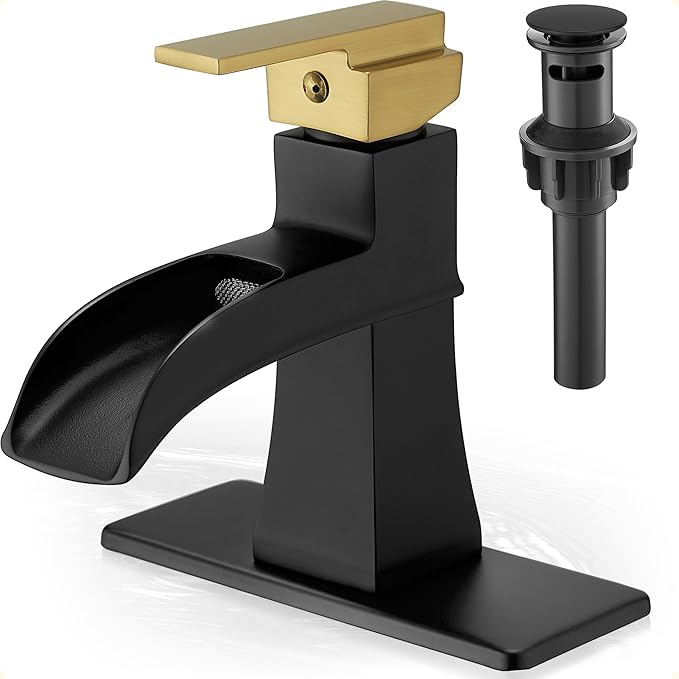 Brass 4 Inch Bathroom Faucets One Hole or 3 Hole, Single Handle with PP Drain, Deck Plate, Hot and Cold Supply Hoses for RV Lavatory Restroom