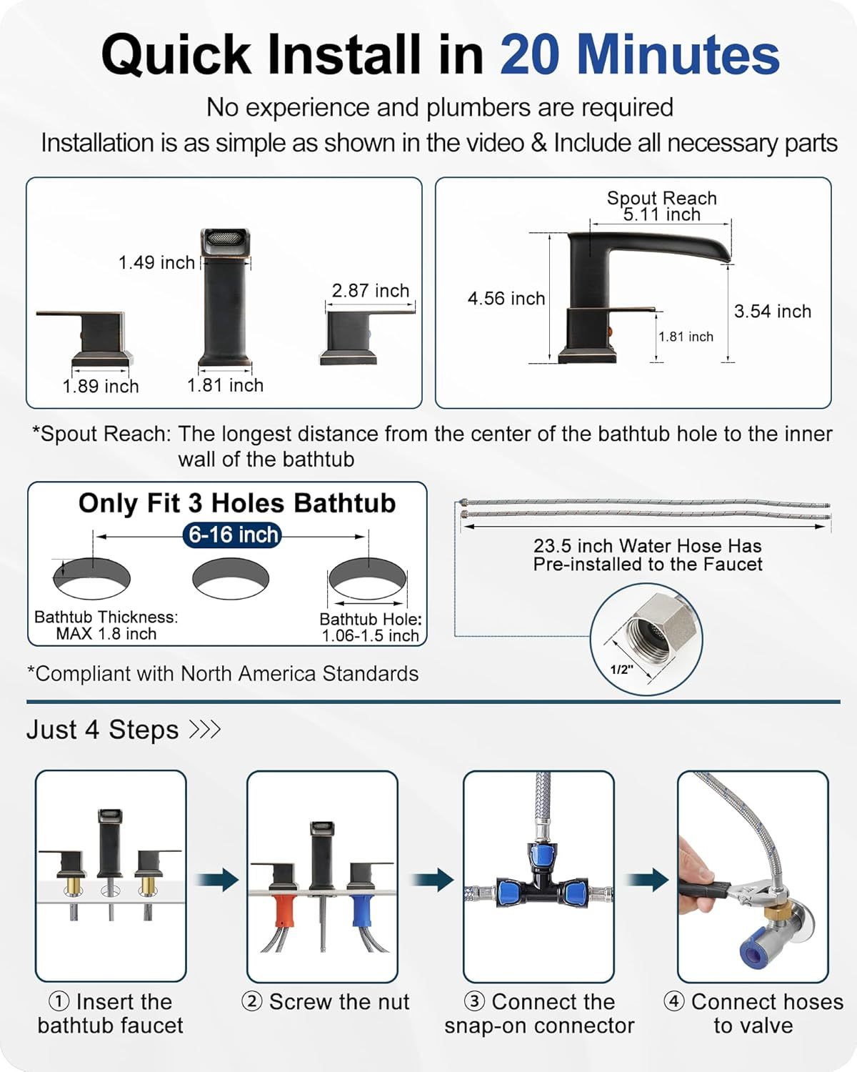 Waterfall Tub Faucet Set 3 Hole, Bathtub Faucet Set 2 Handle, 6-16 Inch Deck Mount Roman Tub Faucets, High Flow Bathtub Faucets with Pre-Installed Water Hose