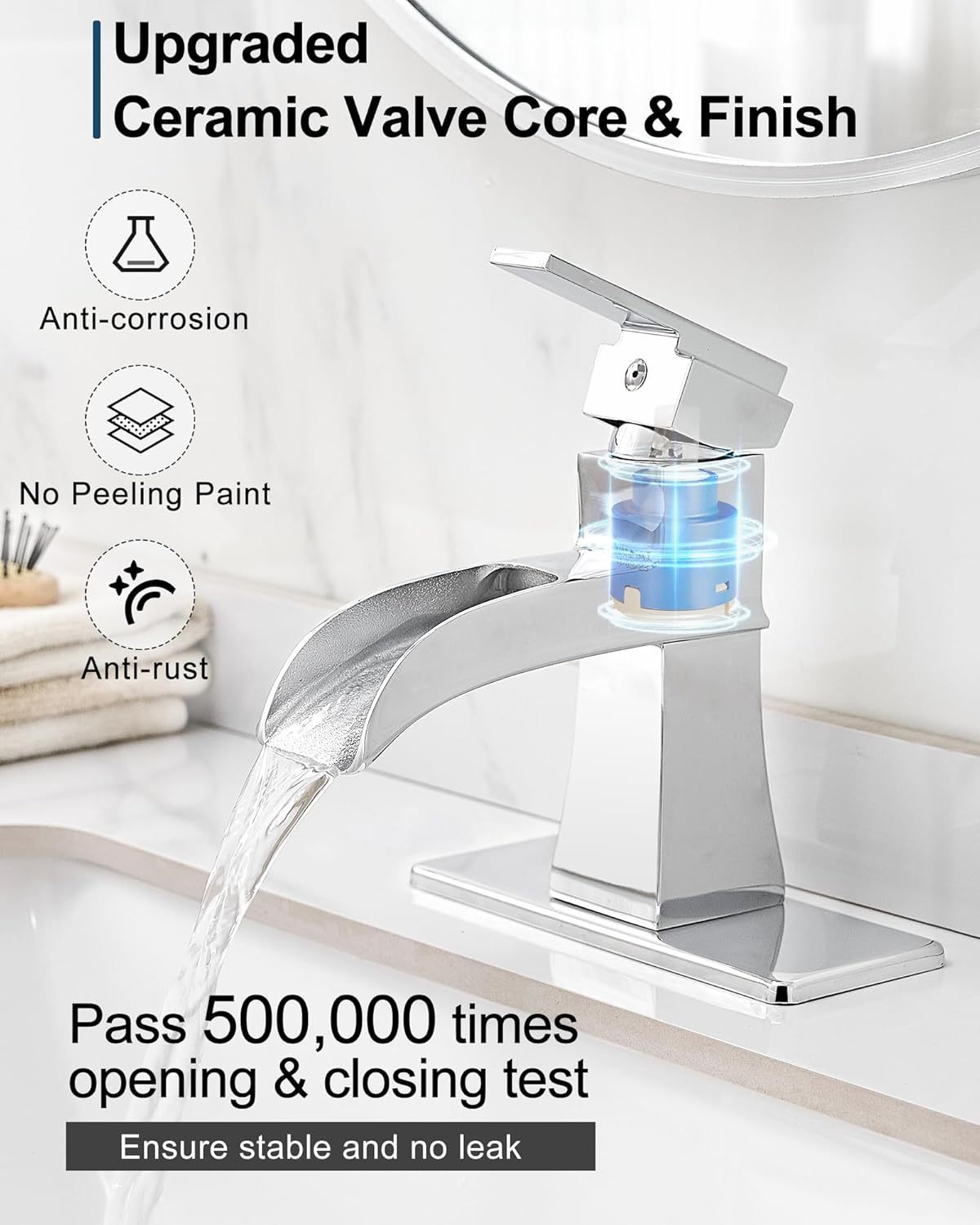 Brass 4 Inch Bathroom Faucets One Hole or 3 Hole, Single Handle with PP Drain, Deck Plate, Hot and Cold Supply Hoses for RV Lavatory Restroom