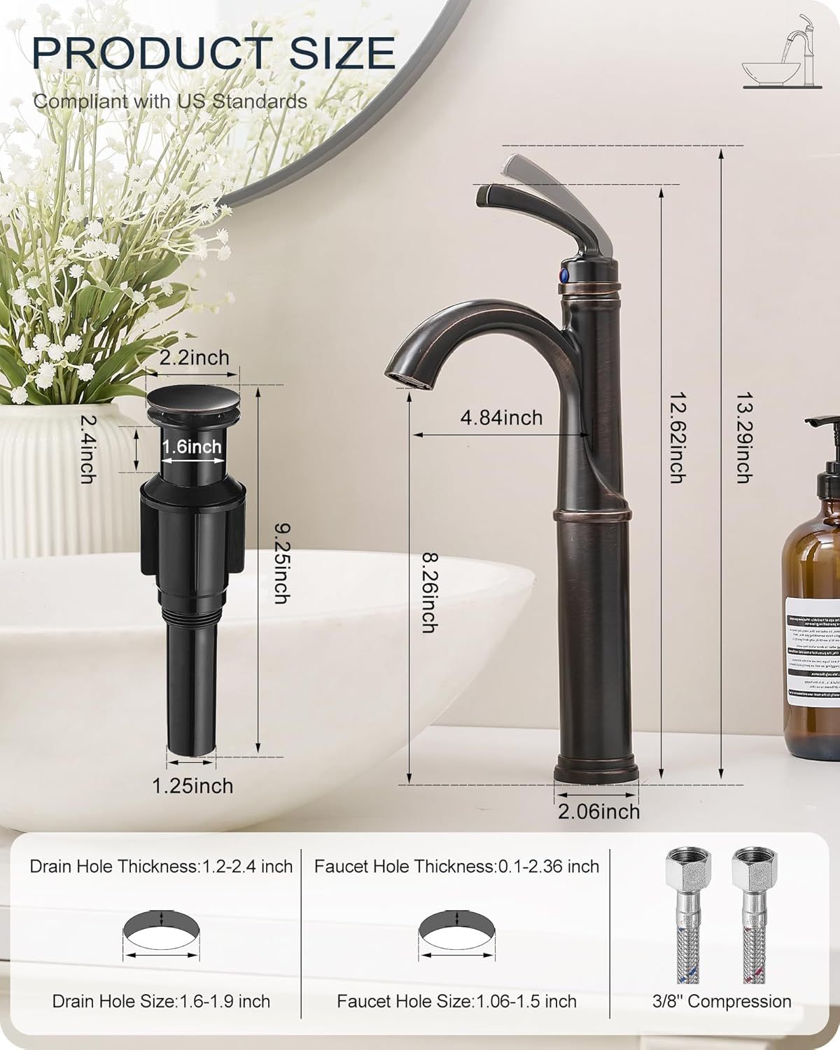 12.6 Inch Tall Bathroom Faucet 1 Hole, Single Handle with Pop Up Drain, cUPC Supply Line and Aerator for Farmhouse, Countertop Basin