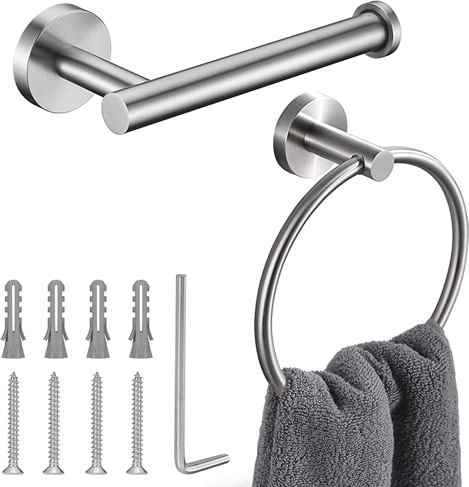Brushed Nickel Toilet Paper Holder and Hand Towel Ring Set 2 Pieces
