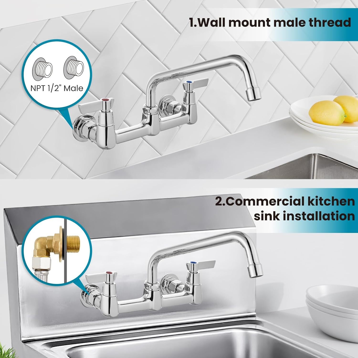 Adjustable Polish Chrome 9 Inch Swing Spout Sink Mount Kitchen Sink Faucet