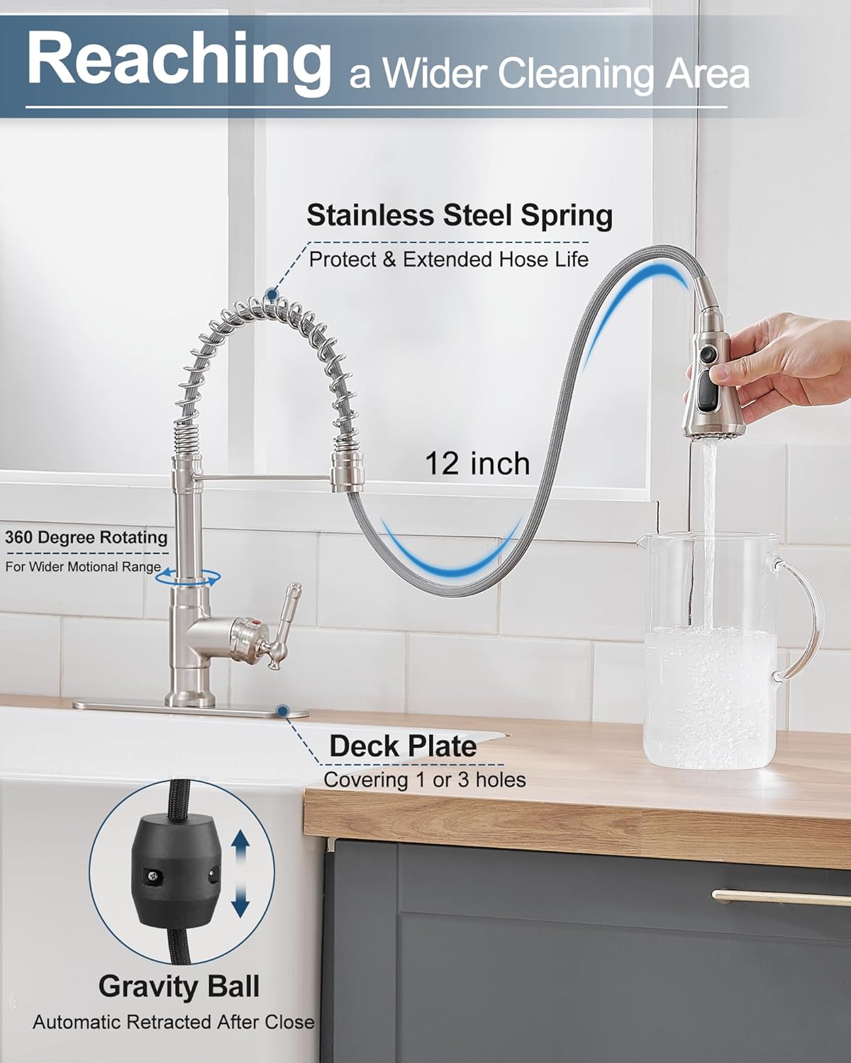 3-Modes Pull-Down Sprayer Kitchen Faucets, Single Handle Spring Kitchen Sink Faucet 3 Hole or 1 Hole with Deck Plate for Farmhouse Camper Laundry RV, Stainless Steel, High Arc