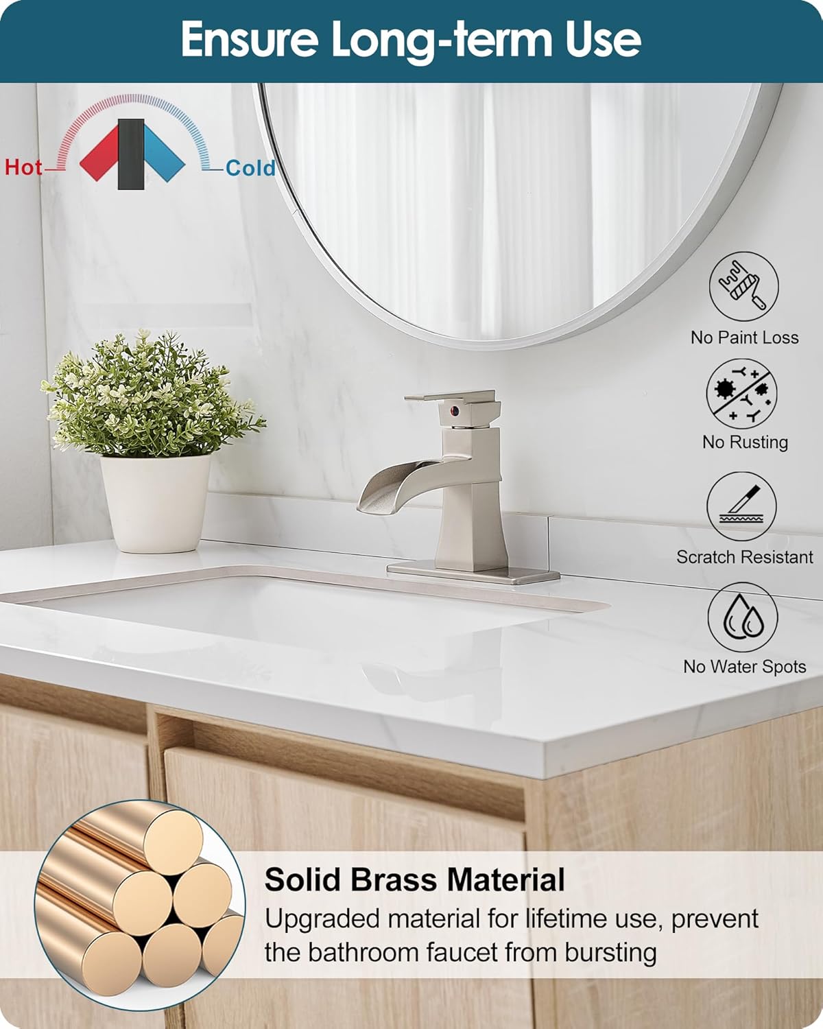 Single Hole Bathroom Faucet 3 Hole (4 Inch), Brass Waterfall Faucet Single Handle, Bathroom Faucets Brushed Nickel Bathroom Sink Faucet with Deck Plate & Pre-Install Hoses Without Pop-up Drain