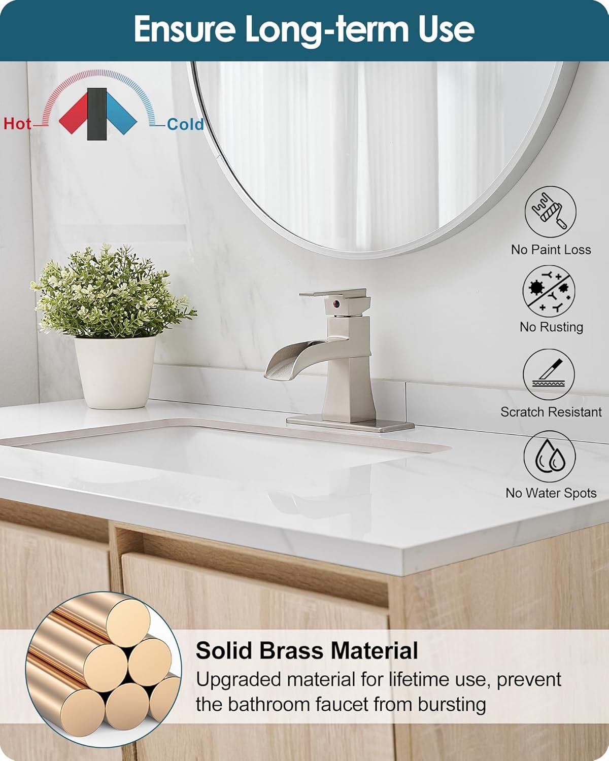 Single Hole Bathroom Faucet 3 Hole (4 Inch), Brass Waterfall Faucet Single Handle, Bathroom Faucets Brushed Nickel Bathroom Sink Faucet with Deck Plate & Pre-Install Hoses Without Pop-up Drain