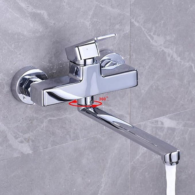 Wall Mounted Kitchen Faucet Brass Swivel Hot and Cold Water Double Hole Kitchen Sink Faucet