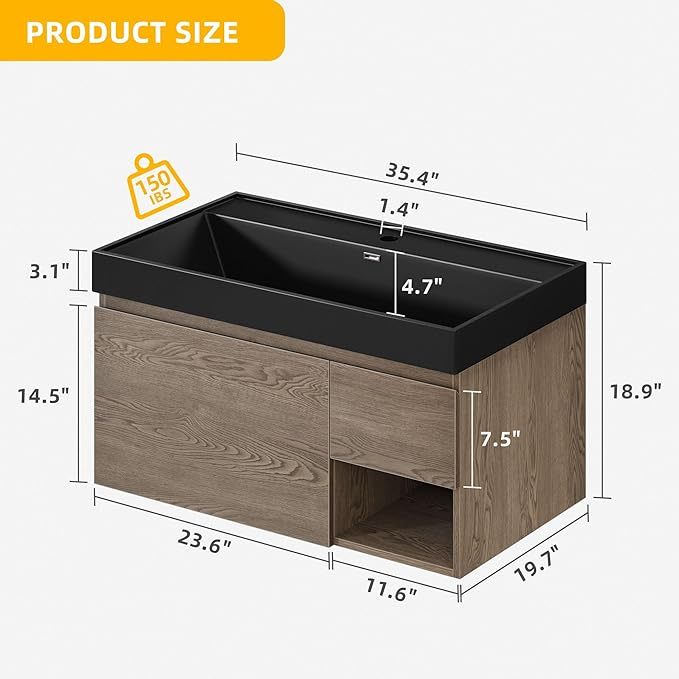 36 Inch Floating Vanity, Wall Mounted Bathroom Vanity with Large Black Acrylic Basin Sink