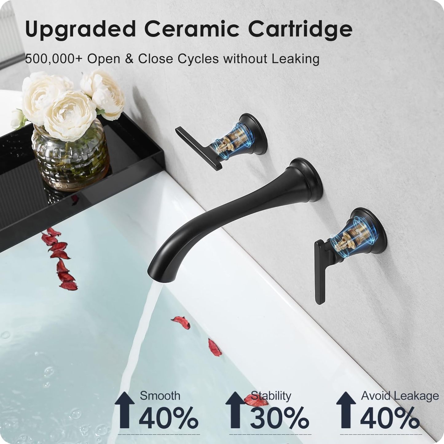 Tub Filler Wall Mount 3 Hole, Tub Faucet, High Pressure 2 Handle Bathtub Faucet Set with Long Spout Reach