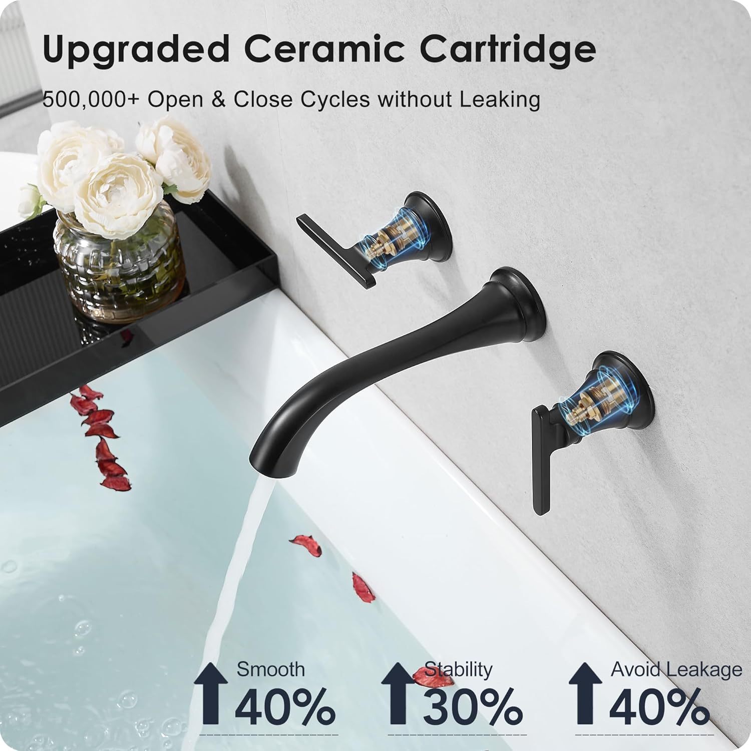 Tub Filler Wall Mount 3 Hole, Tub Faucet, High Pressure 2 Handle Bathtub Faucet Set with Long Spout Reach