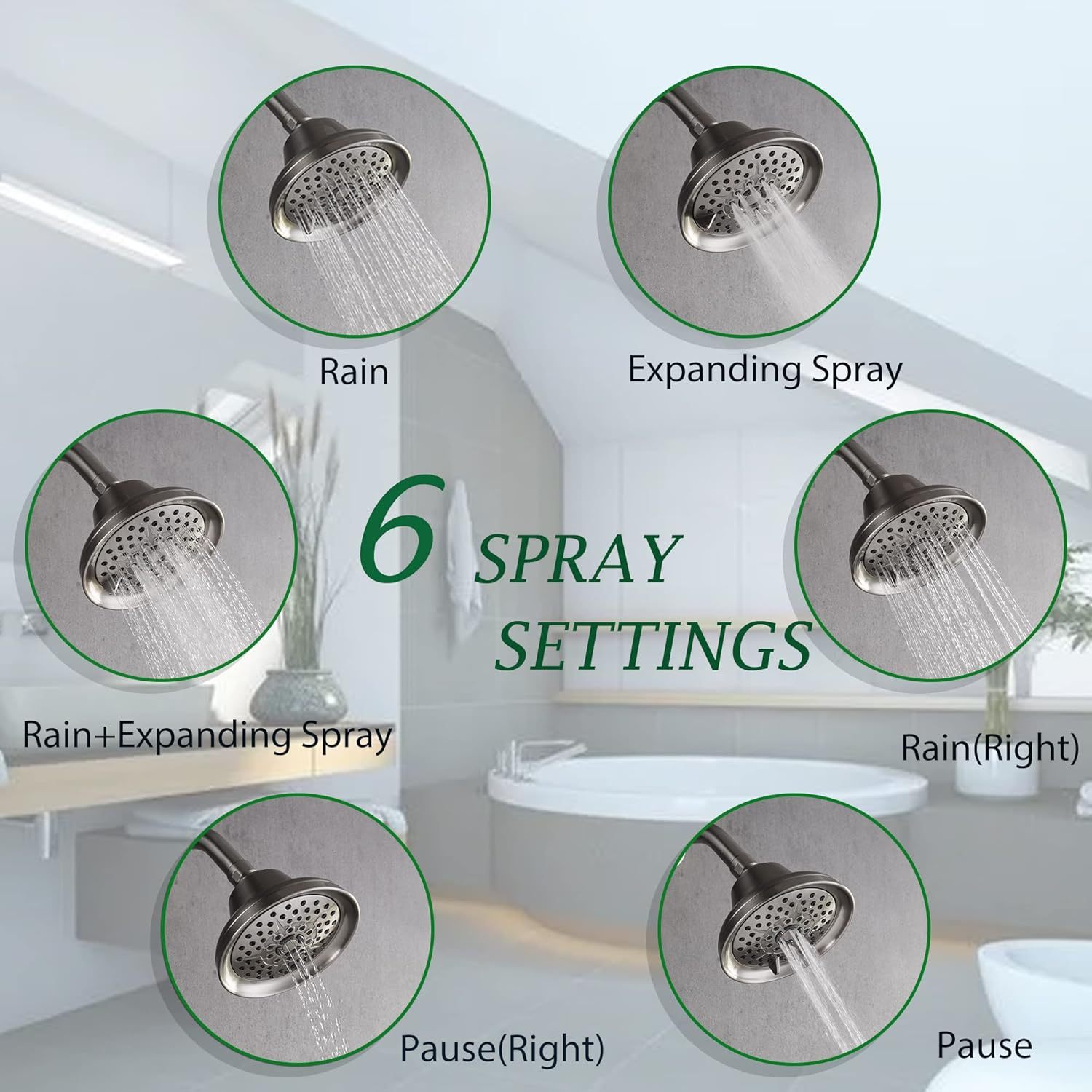 6 Spray Settings High Pressure Shower Head 5" Rain Fixed Showerhead - Brushed Nickel Adjustable Shower Head with Anti-Clogging Nozzles
