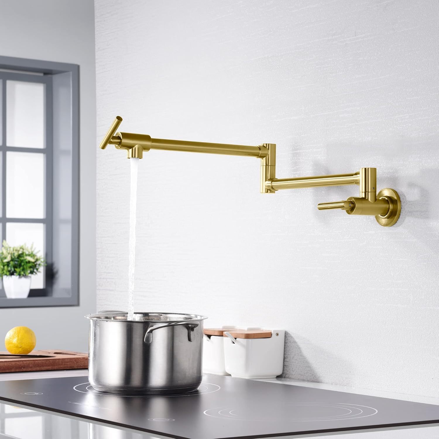 Gold Pot Filler Faucet Wall Mount Brass Kitchen Folding Faucet with Double Joint Swing Arms