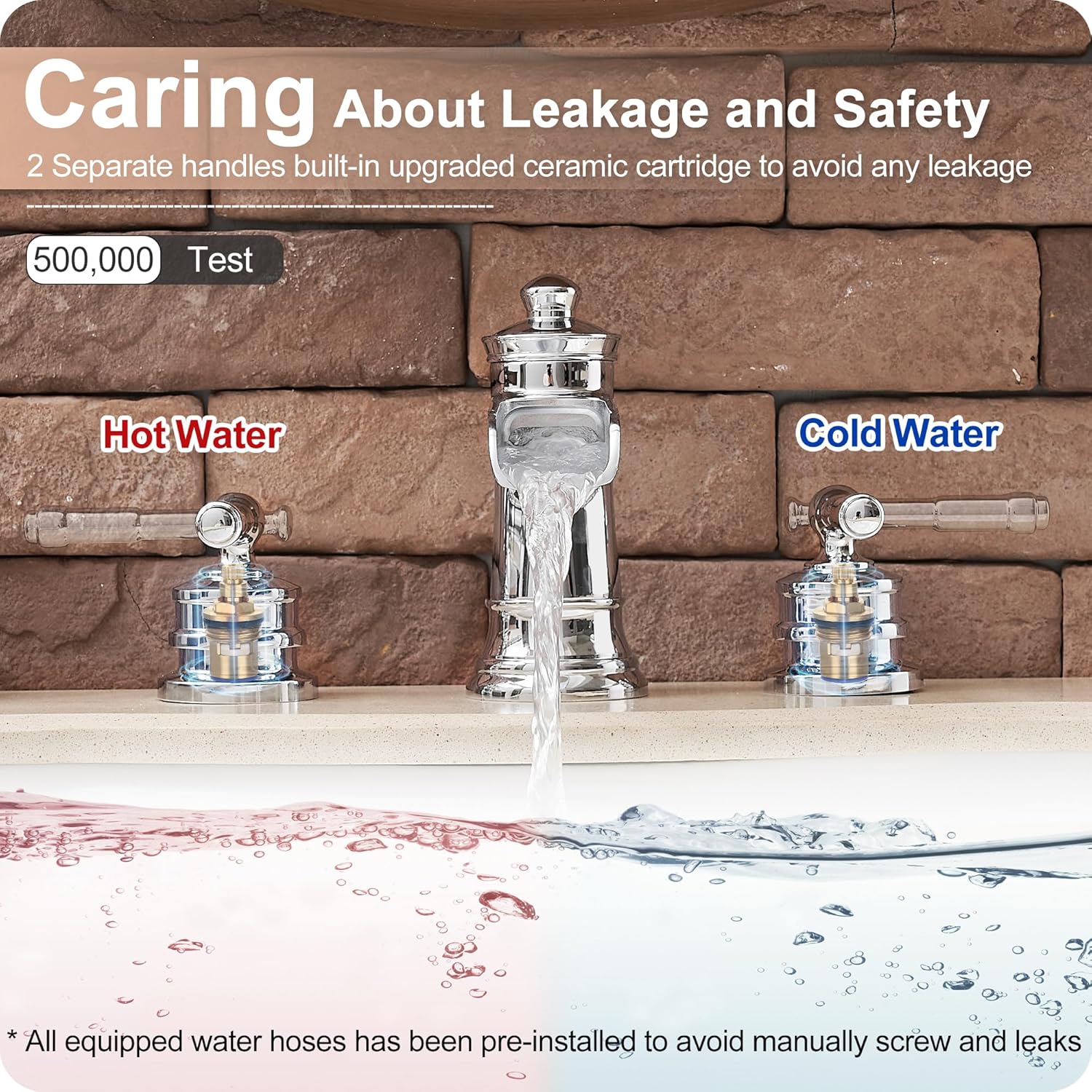 Widespread Waterfall Bathroom Faucet, Brass 3 Hole Bathroom Sink Faucet 4-16 Inch, 2 Handles with Supply Hose & Overflow Pop-Up Drain