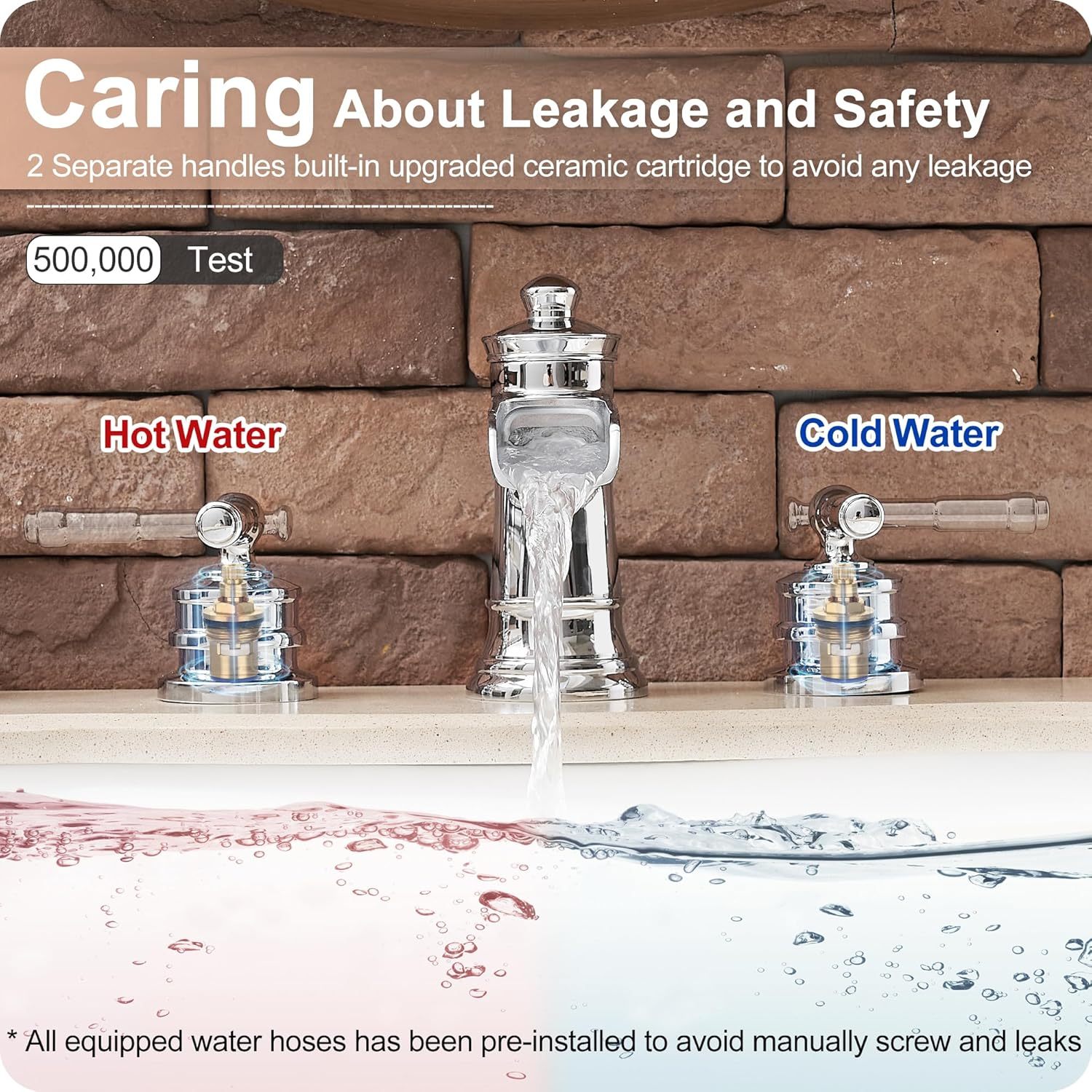 Widespread Waterfall Bathroom Faucet, Brass 3 Hole Bathroom Sink Faucet 4-16 Inch, 2 Handles with Supply Hose & Overflow Pop-Up Drain