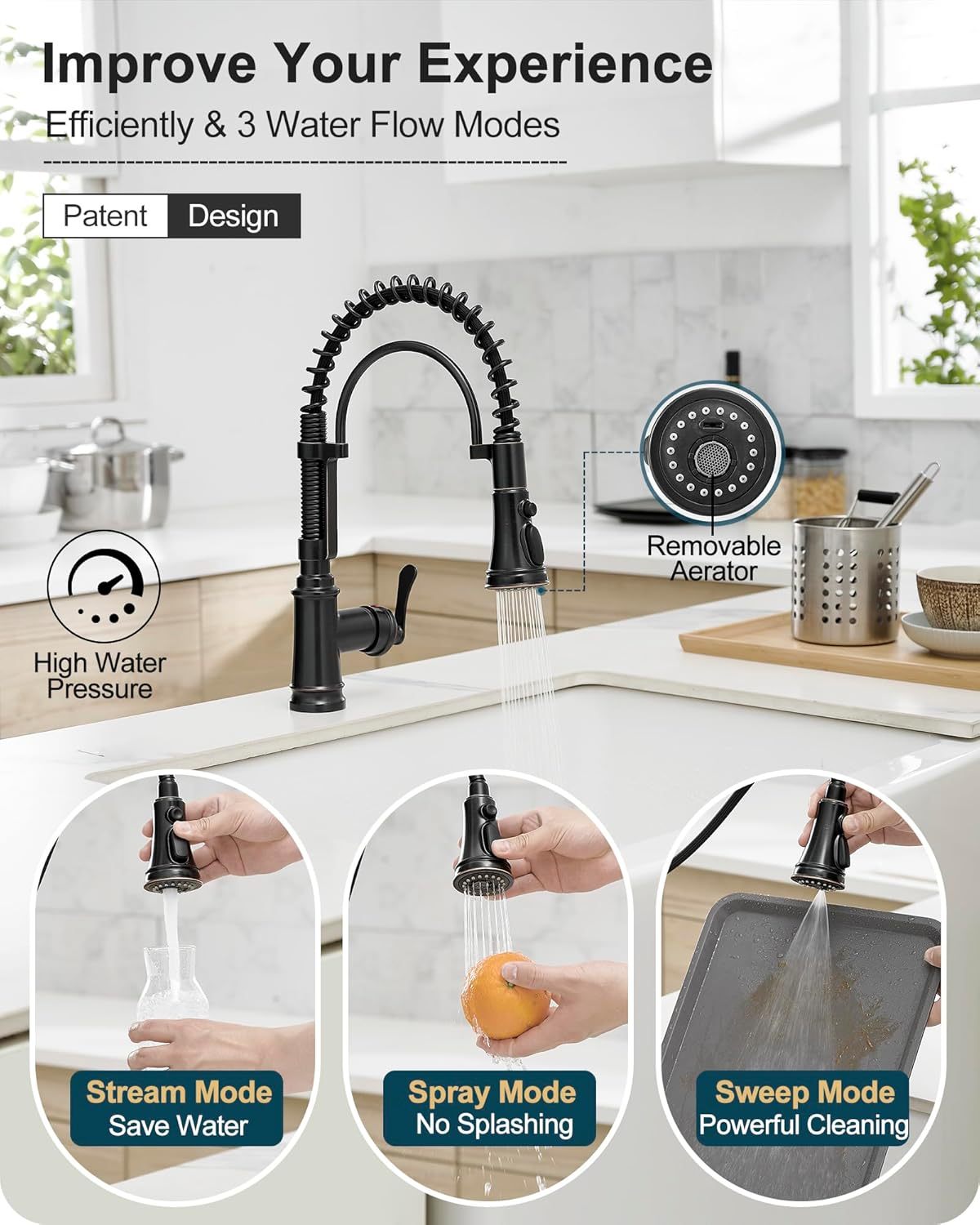 3 Modes Bronze Kitchen Faucet with Pull Down Sprayer, Single Hole Kitchen Sink Faucet 3 Hole, Stainless Steel High Arc Spring Style