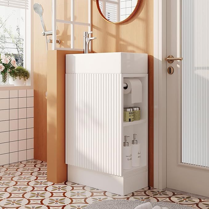 White 18.6" Bathroom Vanity Cabinet with Ceramic Sink Top Set