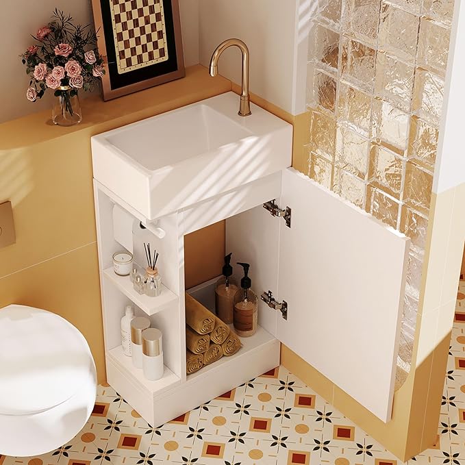 White 18.6" Bathroom Vanity Cabinet with Ceramic Sink Top Set