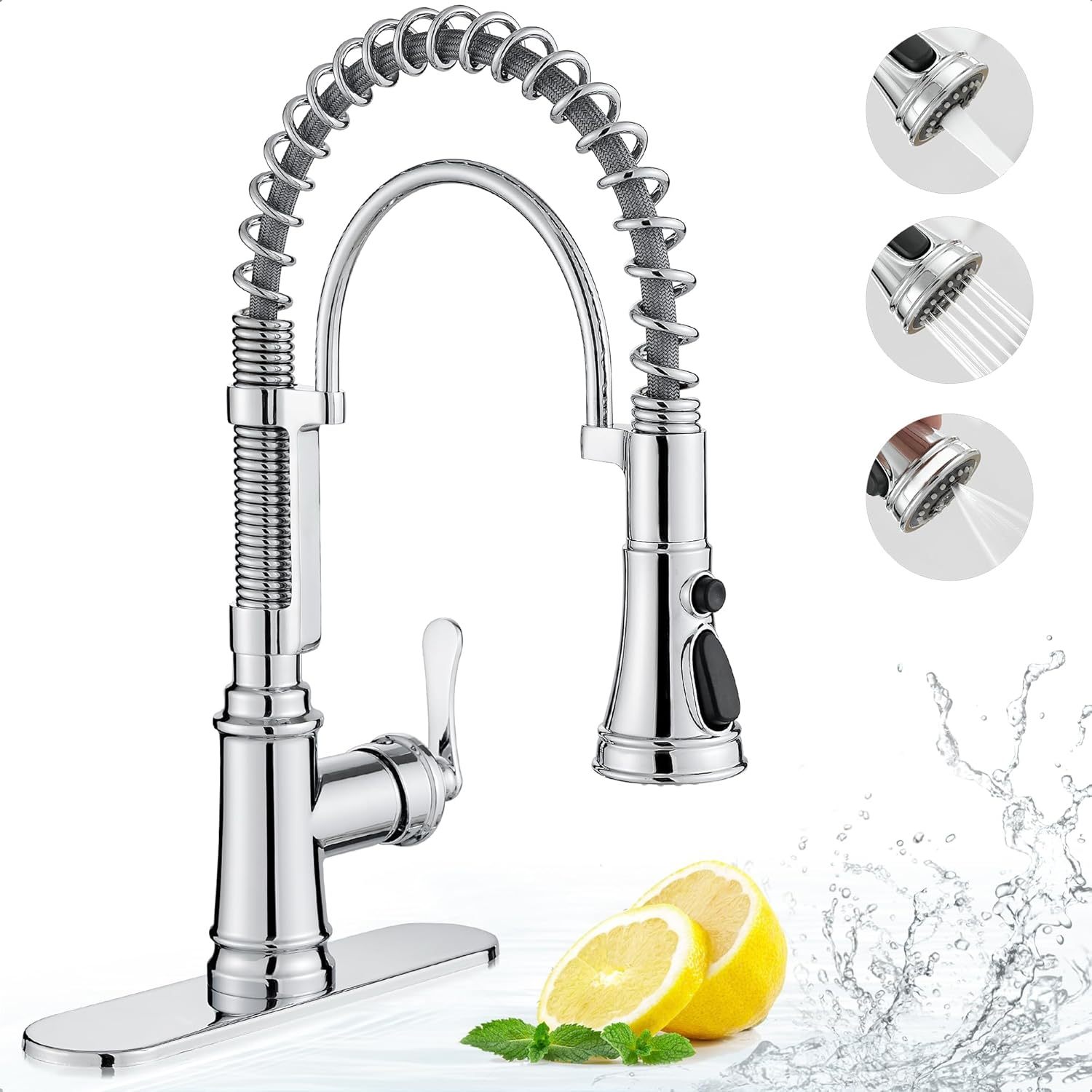 3 Modes Bronze Kitchen Faucet with Pull Down Sprayer, Single Hole Kitchen Sink Faucet 3 Hole, Stainless Steel High Arc Spring Style
