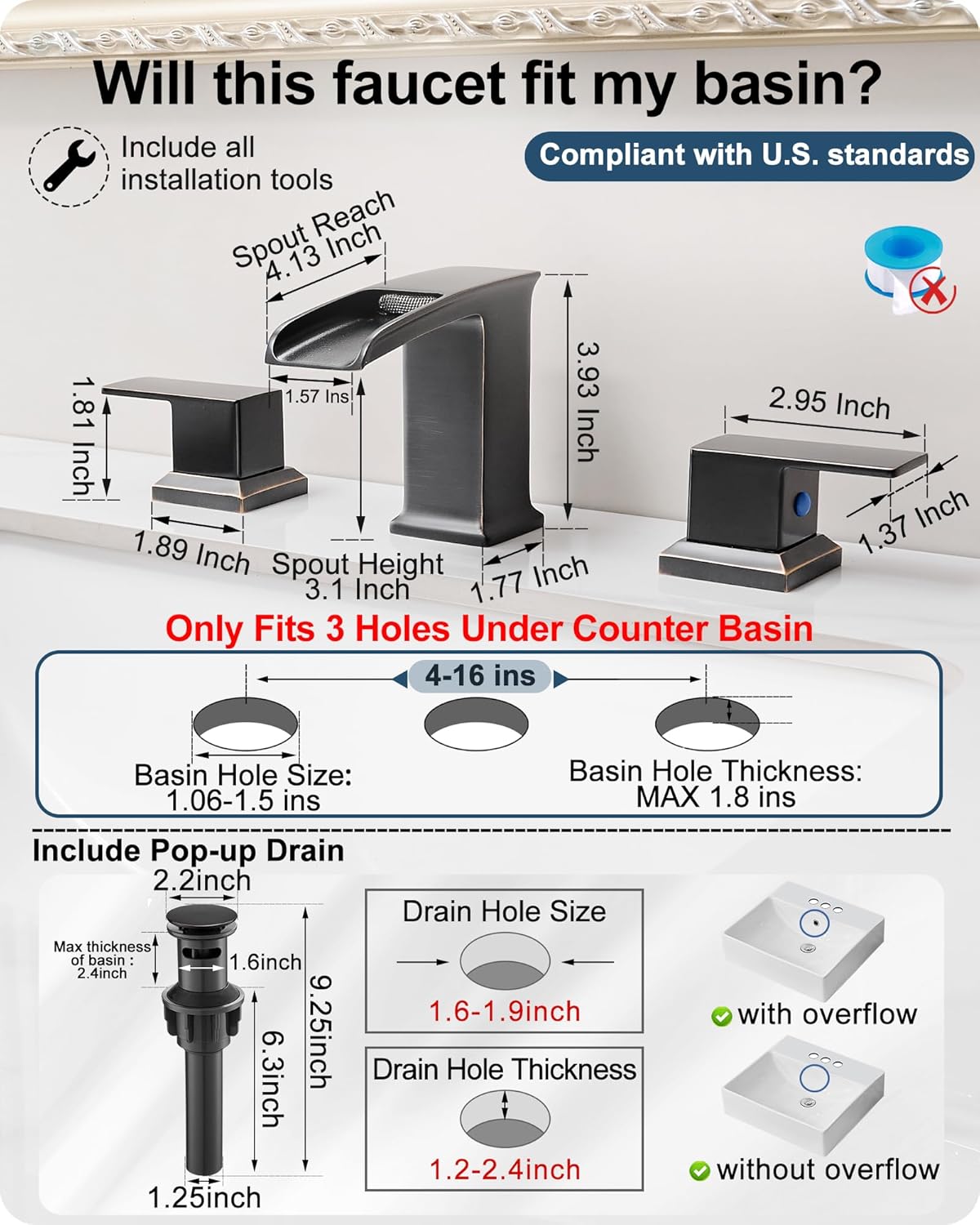 4-16 Inch Oil Rubbed Bronze Bathroom Faucet 2 Handles Widespread Bathroom Faucets 3 Hole, Bathroom Sink Faucet with Water Hoses & Pop-Up Drain