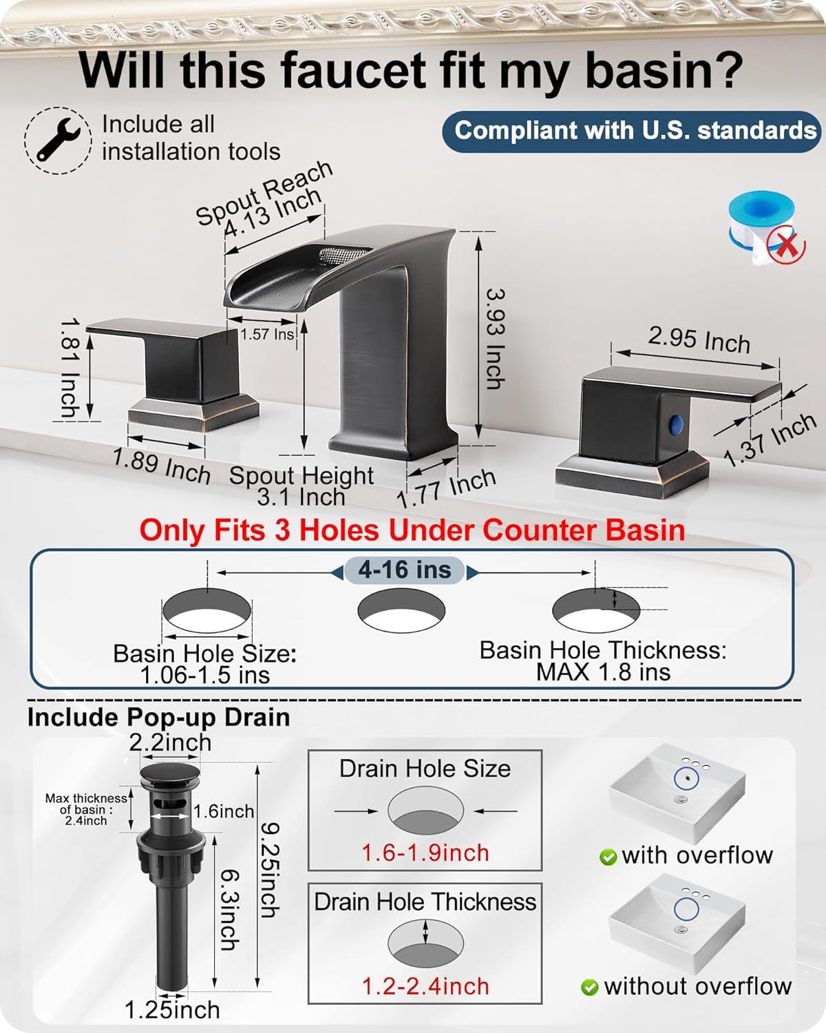 4-16 Inch Oil Rubbed Bronze Bathroom Faucet 2 Handles Widespread Bathroom Faucets 3 Hole, Bathroom Sink Faucet with Water Hoses & Pop-Up Drain