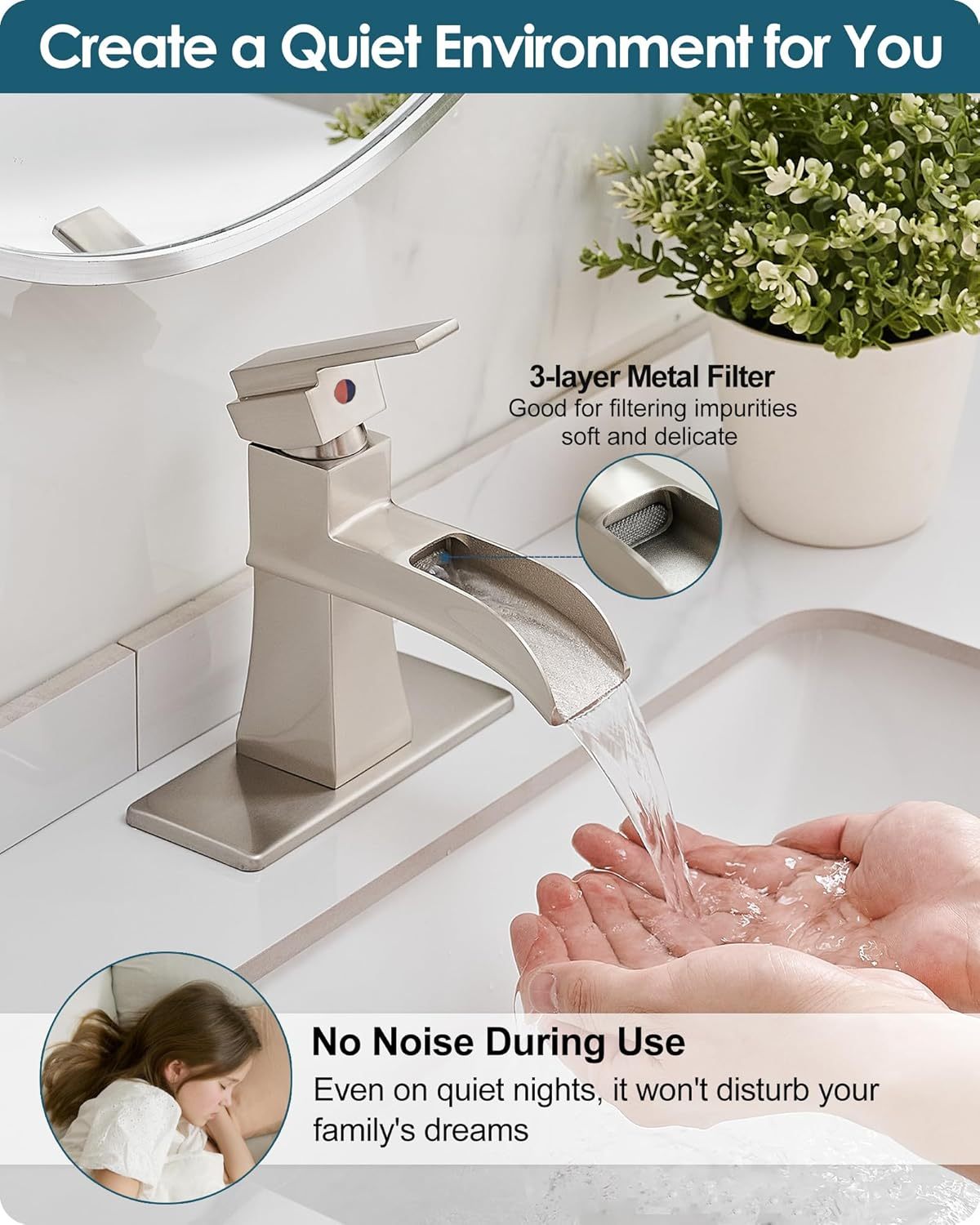 Single Hole Bathroom Faucet 3 Hole (4 Inch), Brass Waterfall Faucet Single Handle, Bathroom Faucets Brushed Nickel Bathroom Sink Faucet with Deck Plate & Pre-Install Hoses Without Pop-up Drain