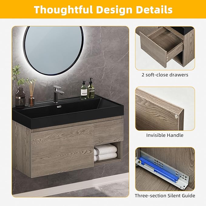 36 Inch Floating Vanity, Wall Mounted Bathroom Vanity with Large Black Acrylic Basin Sink