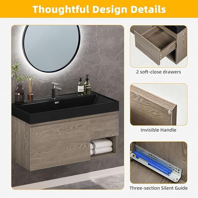 36 Inch Floating Vanity, Wall Mounted Bathroom Vanity with Large Black Acrylic Basin Sink