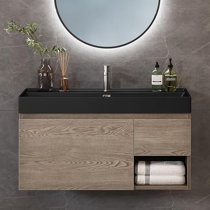 36 Inch Floating Vanity, Wall Mounted Bathroom Vanity with Large Black Acrylic Basin Sink