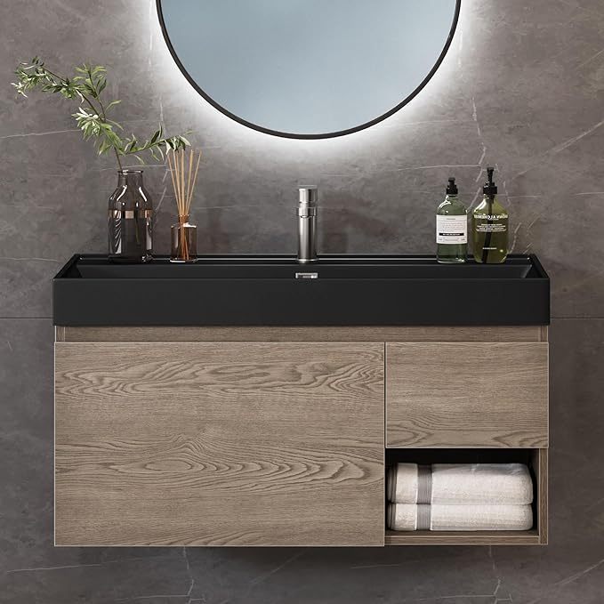 36 Inch Floating Vanity, Wall Mounted Bathroom Vanity with Large Black Acrylic Basin Sink