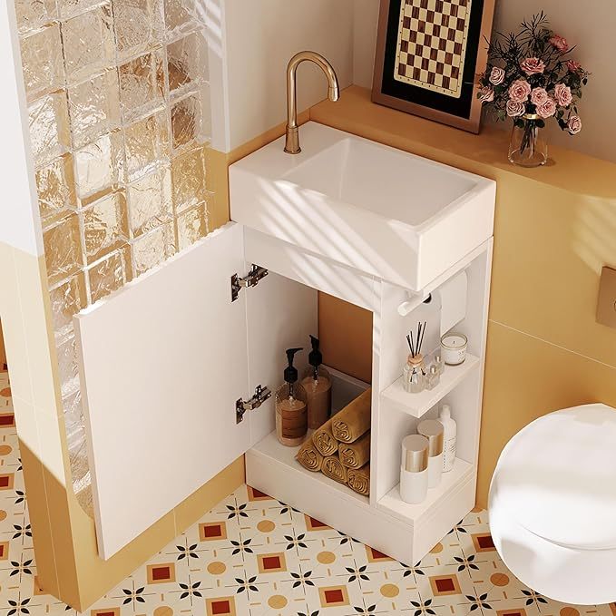 White 18.6" Bathroom Vanity Cabinet with Ceramic Sink Top Set