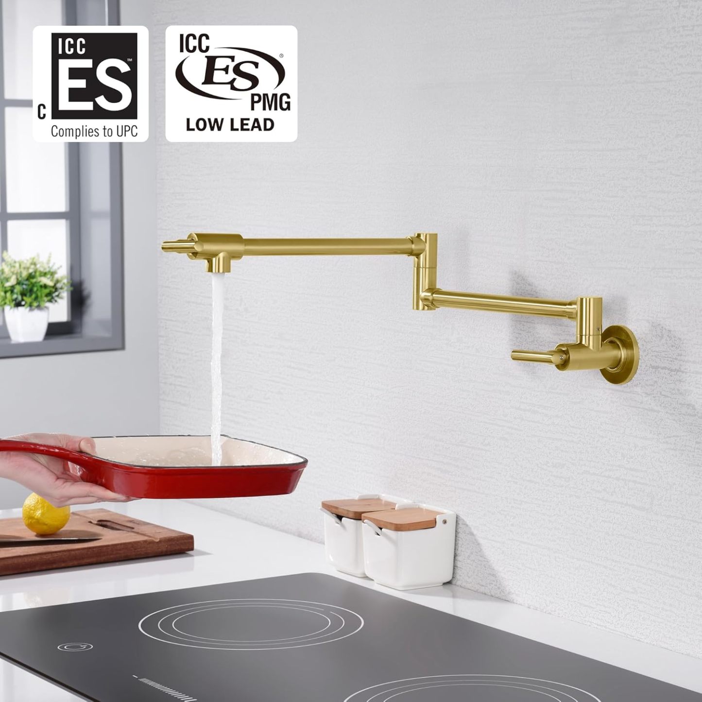 Gold Pot Filler Faucet Wall Mount Brass Kitchen Folding Faucet with Double Joint Swing Arms