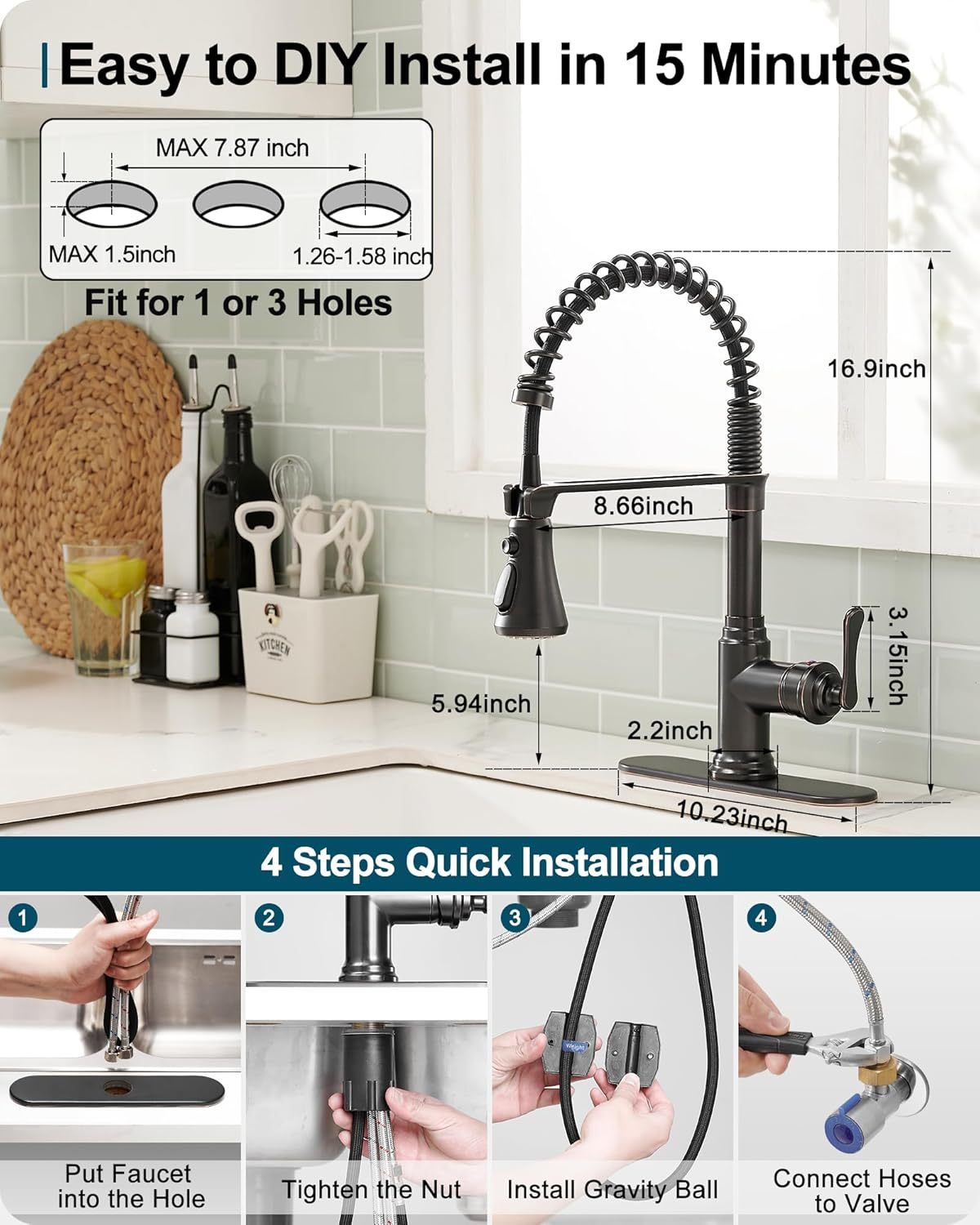 3-Function Kitchen Faucets 3 Hole or 1 Hole Stainless Steel Single Handle Kitchen Sink Faucet 360 Degree Swivel with Deck Plate