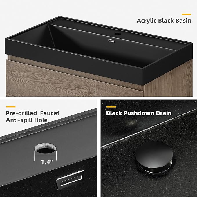 36 Inch Floating Vanity, Wall Mounted Bathroom Vanity with Large Black Acrylic Basin Sink