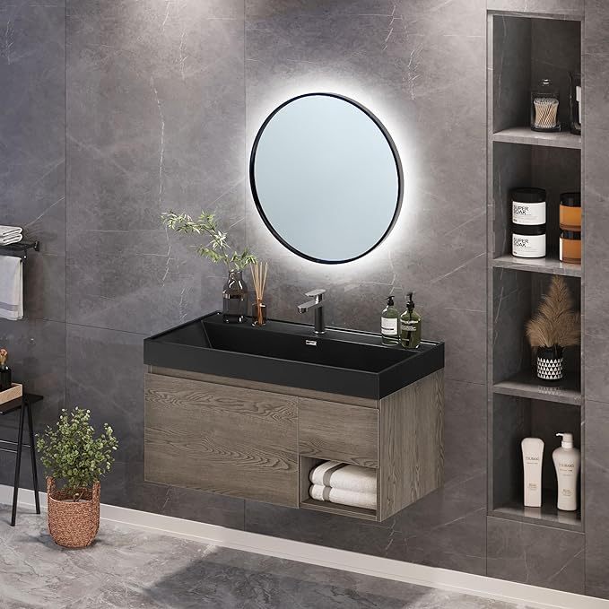 36 Inch Floating Vanity, Wall Mounted Bathroom Vanity with Large Black Acrylic Basin Sink