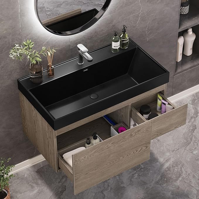 36 Inch Floating Vanity, Wall Mounted Bathroom Vanity with Large Black Acrylic Basin Sink